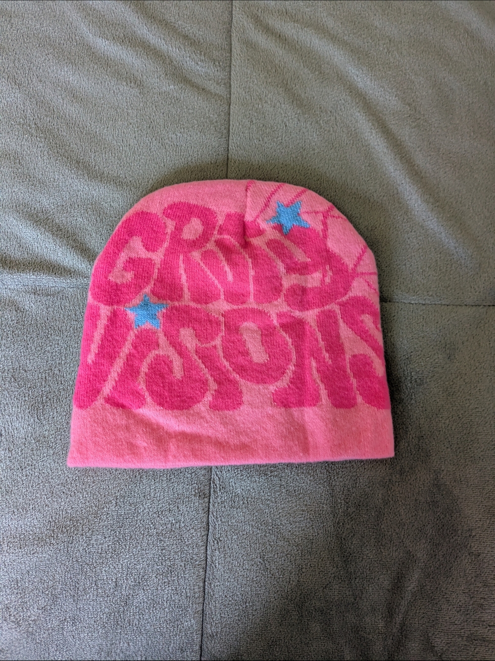 Pink Graphic Beanie Hat with Blue Stars